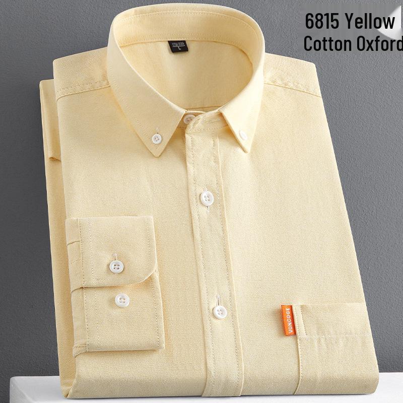 Men's Solid Color Oxford Cotton Yellow Button-Down Long Sleeve Shirt for Spring/Autumn Layering
