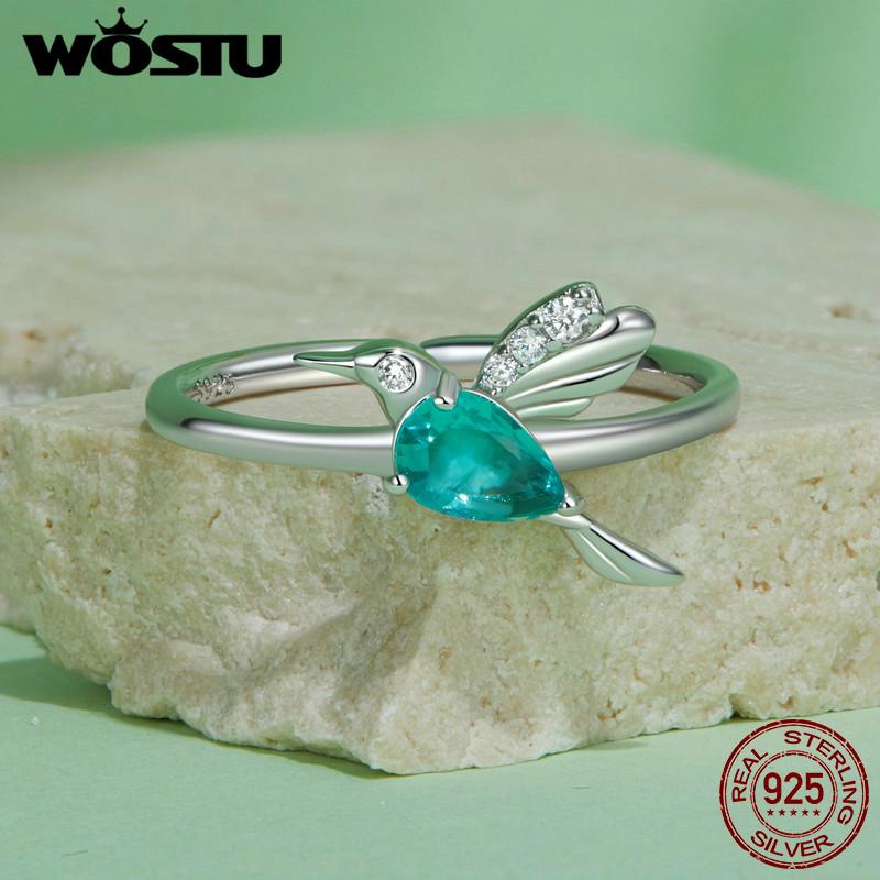WOSTU 925 Sterling Silver Mint Green Hummingbird Opening ring for Women Drop Crystal Cute Bird Rings Party Jewelry Birthday Gift