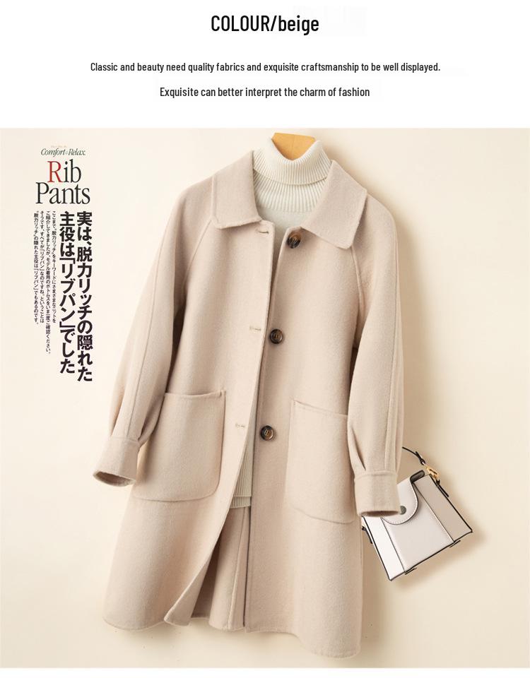 Dámský kašmírový kabát střední délky oboustranný na podzim/zimu - Petite, Čistě ručně šitý, Celovlněný, Zesílený design