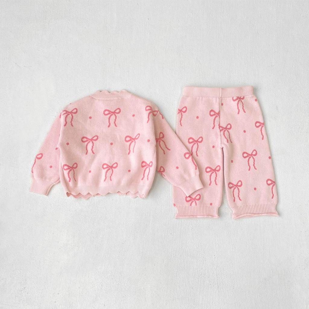 Girls' Autumn-Winter Bow Knit Cardigan & Pants Set