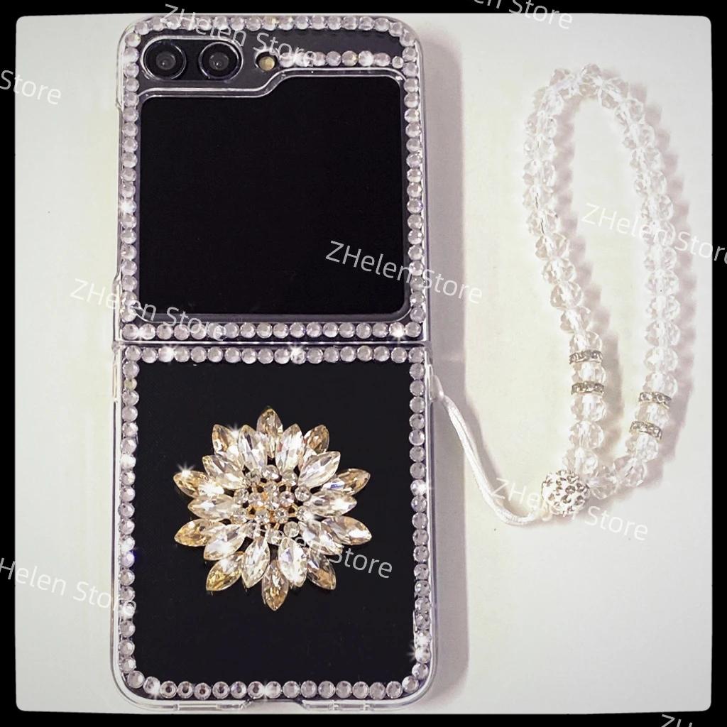 For Samsung Zflip 6 Handmade Diamonds Case With Chain Luxury Galaxy Z Flip 5 4 3 2 1 Removable Bracelet Clear Cover