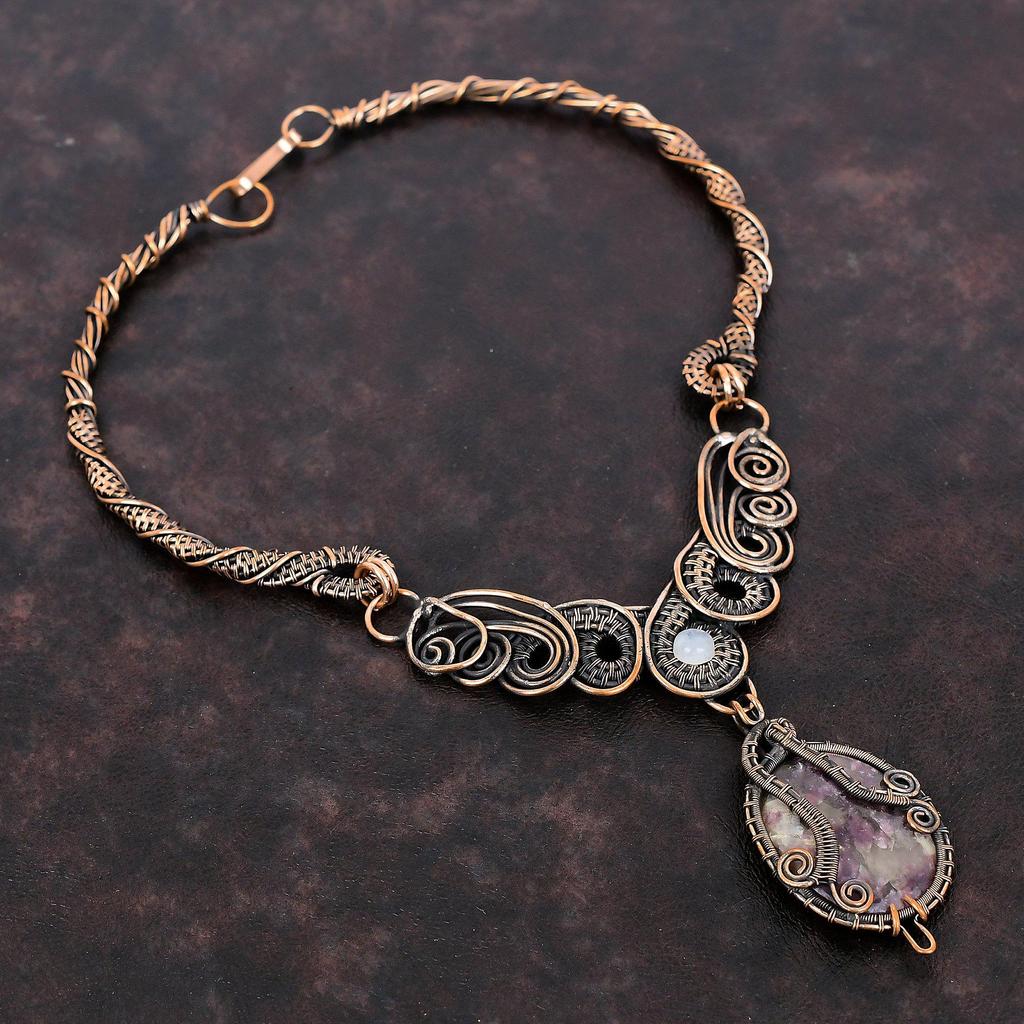 Collier Tourmaline Rose Collier Enveloppé de Fil de Cuivre Collier Pierre de Lune Arc-en-ciel Collier Pierre Précieuse Bijoux en Cuivre Faits Main Cadeau de Fiançailles