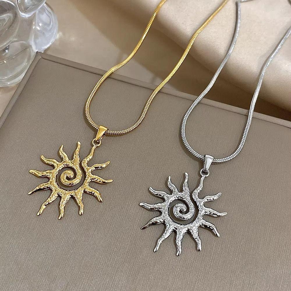 Stainless Steel Sun Pendant Necklace Gold Color Sweater Chain Stainless Steel Necklace  Daily Wear