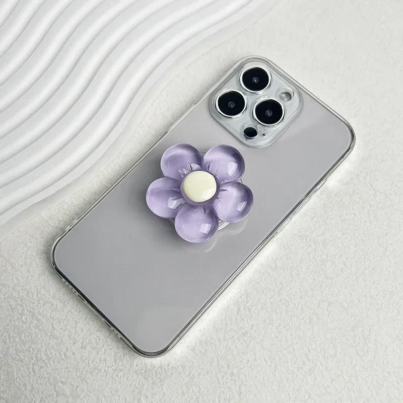 Transparent Resin Candy-Colored Flower Phone Holder Foldable Desktop Stand Cute Floral Retractable Grip for Mobile Devices 1pc