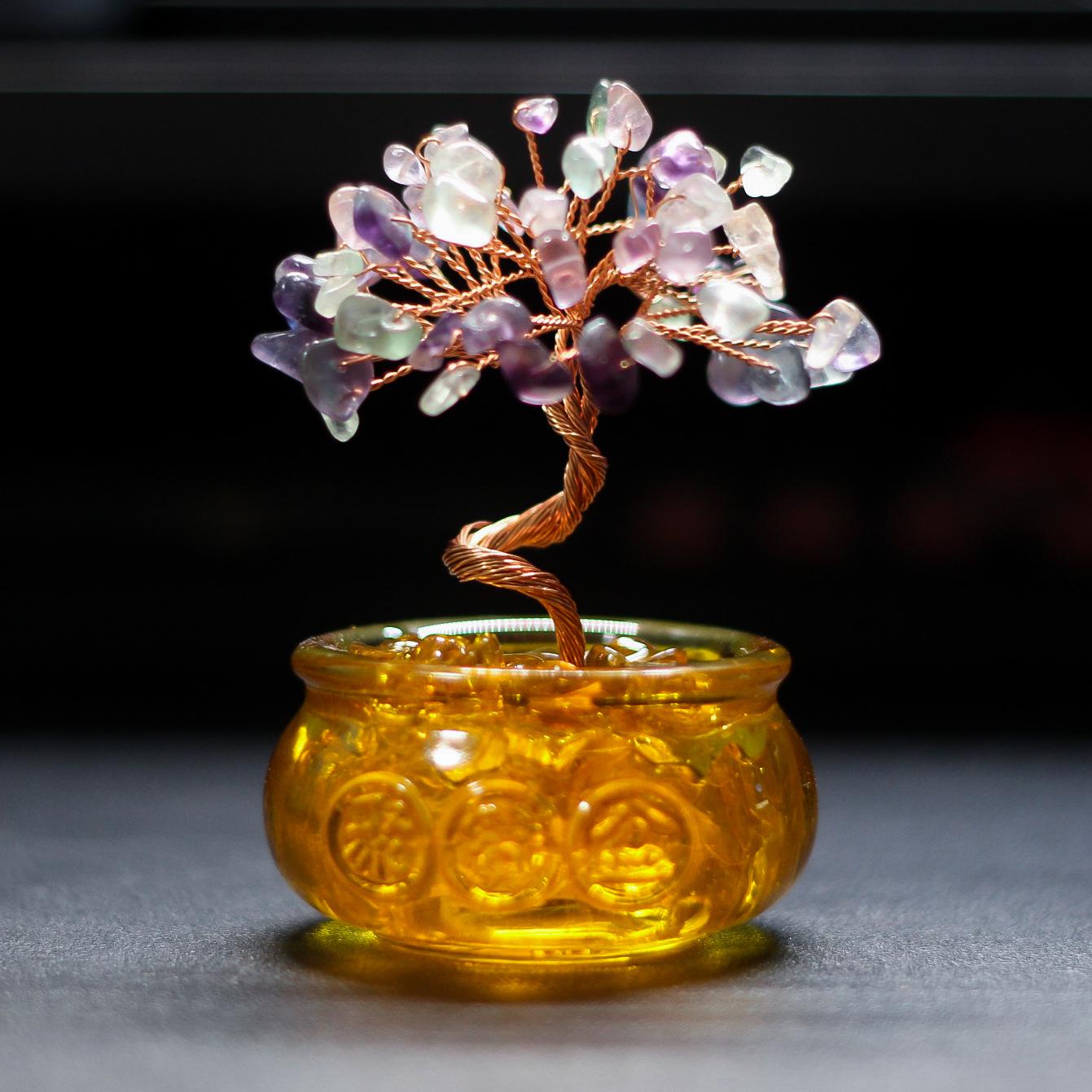 Gold-Glazed Crystal Money Tree Ornament – Natural Crystal Tree Home Decoration Box Packaging