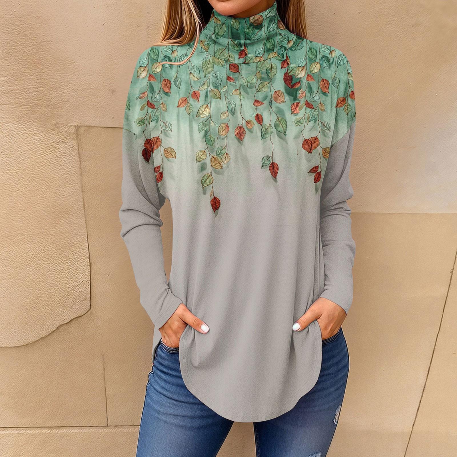 

Футболки для женщин, осенние повседневные рубашки с длинными рукавами, толстовка с винтажным принтом, топ с высоким воротом, пуловер XXL