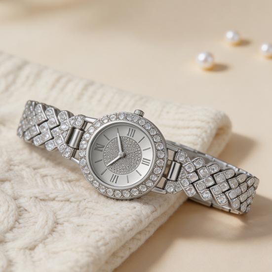Women's Rhinestone Bracelet Watch Alloy Roman Numerals Quartz Wristwatch with Densely Set Crystals, 7mm Ultra Thin Lightweight Design for Office