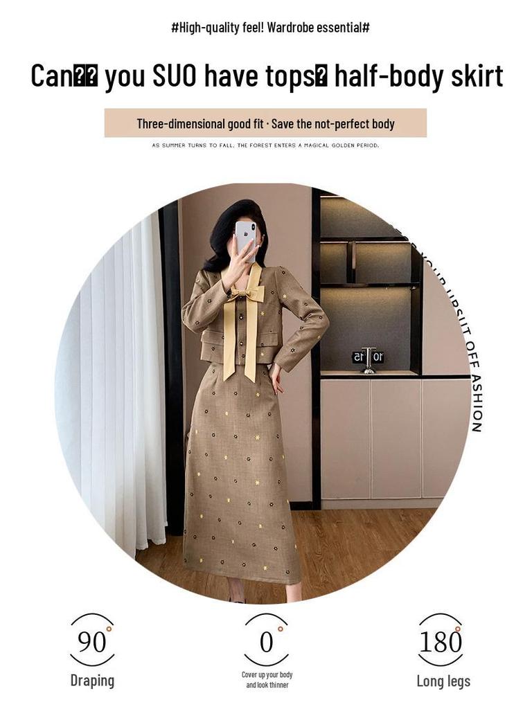 Autumn Chic Two-Piece Set: Elegant Bow Long-Sleeve Top and Midi Skirt