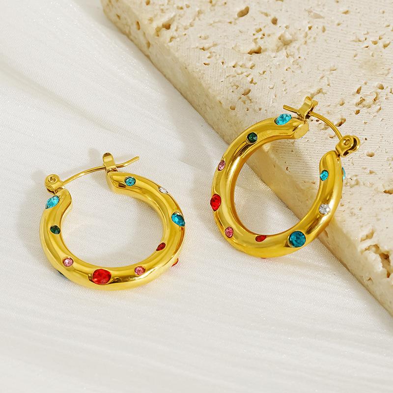 European American Style Stainless Steel Hoop Earrings Natural Stone Inlaid Pearl Zircon Women's Jewelry