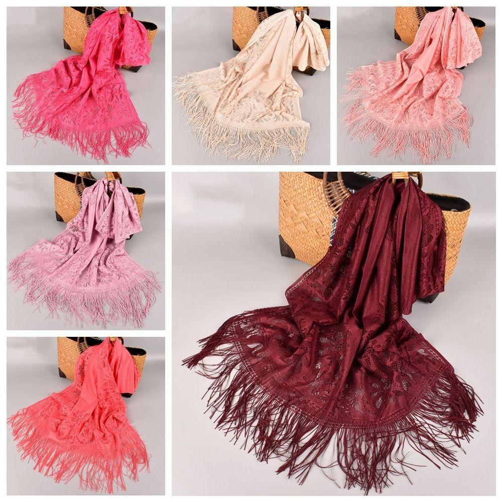 Tassel Mesh Neck Scarves Transparent Embroidery Flower Shawl Lace Flower Tassel Scarf  Dress Decor