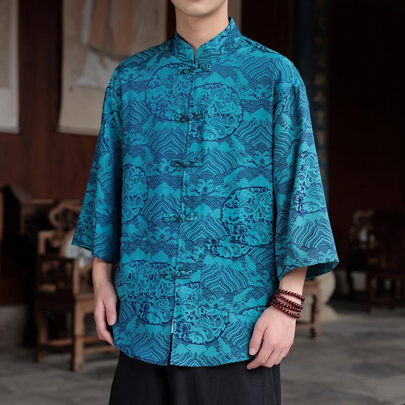 Chinese style ice silk seven-quarter-sleeved shirt men's Tang suit buckle Hanfu large size printed short-sleeved shirt ethnic style