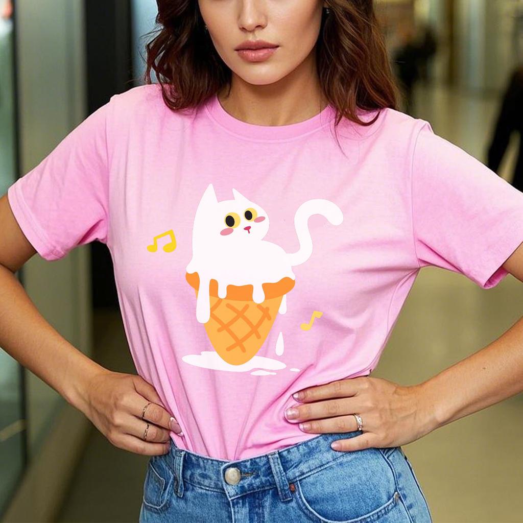Cute ice cream white cat cartoon print pattern short sleeved round neck daily versatile Womens Tshirt