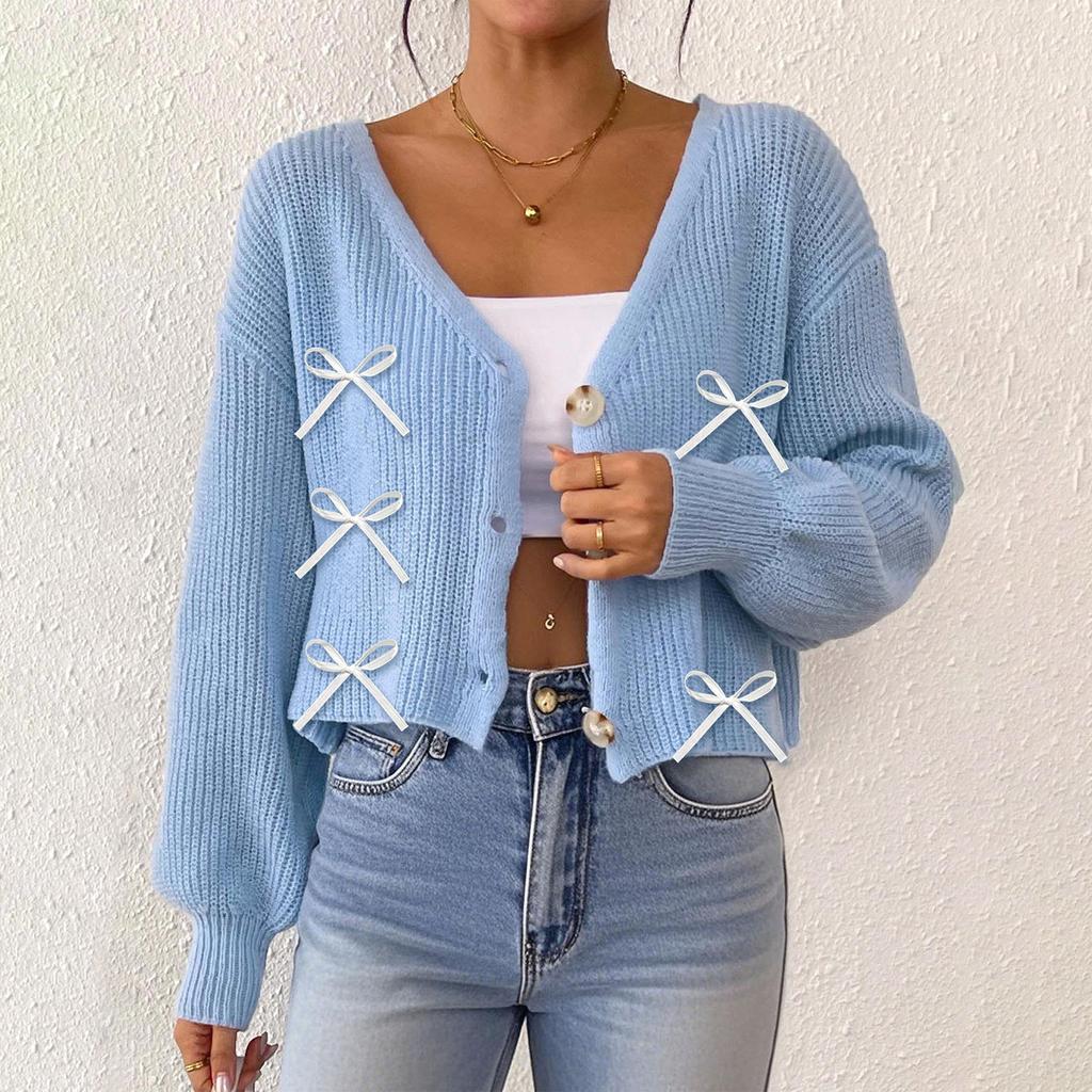 Cardigan de damă uni cu nasturi, cu decolteu adânc în V, jachetă scurtă lejeră, top casual