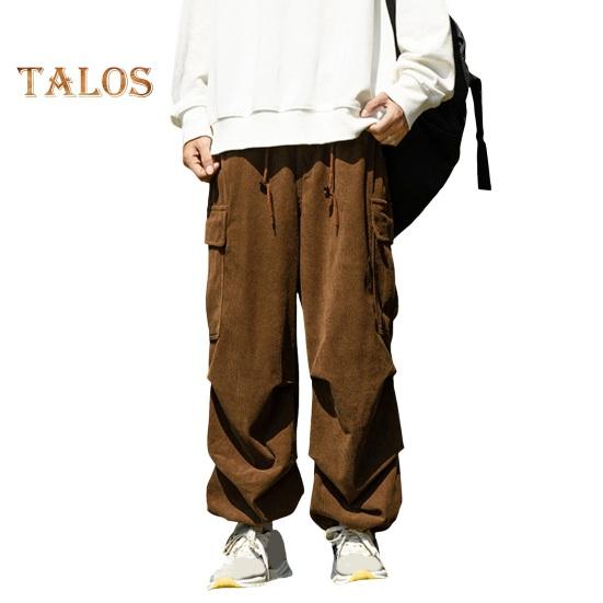 Pánské cargo kalhoty volné, jednobarevné, vintage styl, manšestr, high street styl, rovné, široké nohavice, více kapes, streetwear, outdoorové cestovní kalhoty