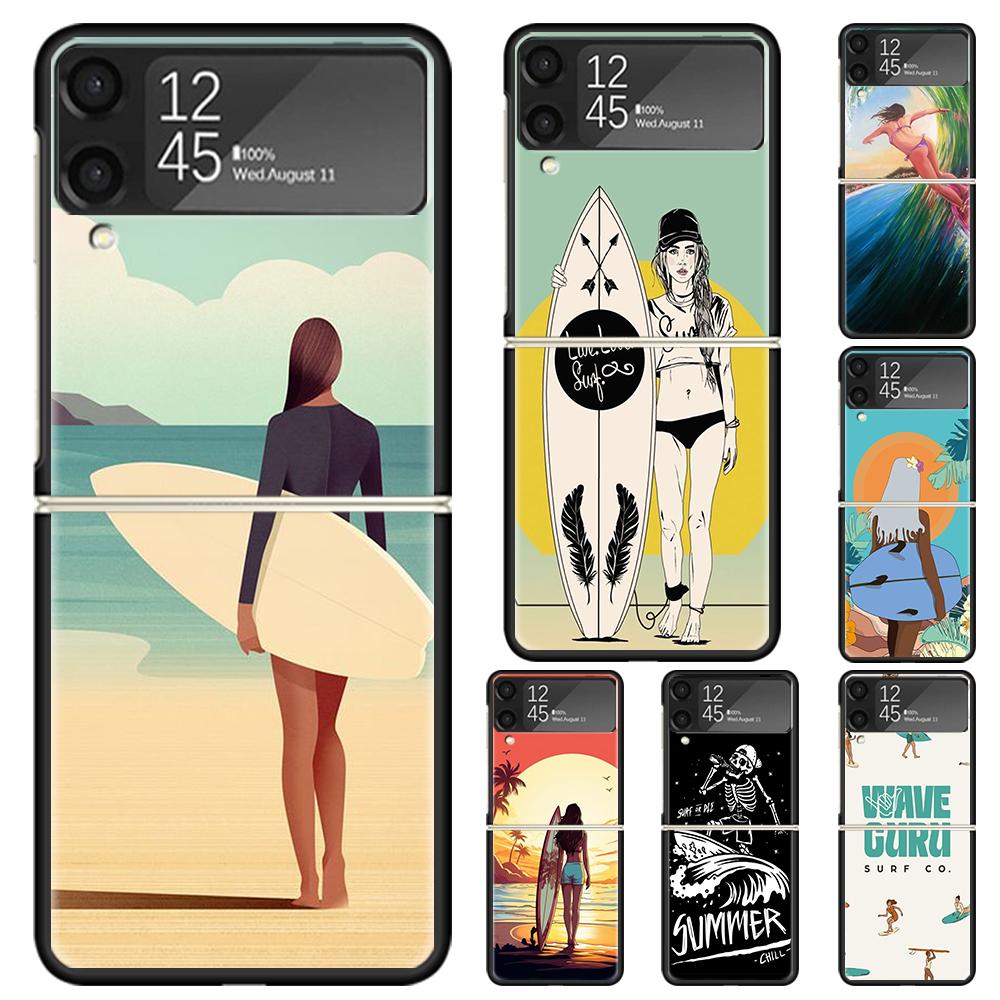 Surfbrett Ästhetik Harte PC Handyhülle Für Samsung Galaxy Z Flip 7 6 5 4 3 Schwarz ZFlip7 ZFlip6 Flip5 Flip4 Flip3 5G Bedruckte Hülle
