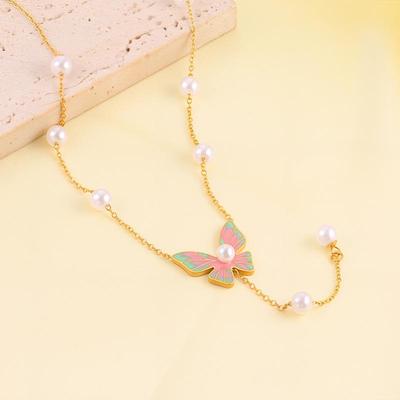 Mori-Style Pearl Tassel Butterfly Necklace – Light Luxury Titanium Steel Jewelry for Women