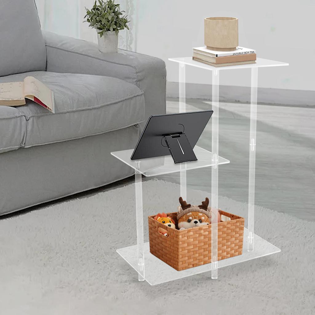 Office Clear Square Side Table with 3-Tier Open Storage Shelf - Modern PC Material Bedside Table for Books,Toys(11 Lbs Capacity)