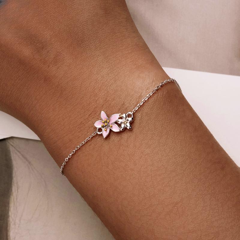 Nytt Rosa Vakkert Kirsebærblomstarmbånd S925 Sølv Sommer Skånsom Jentete Stil Platinabelagt Armbånd