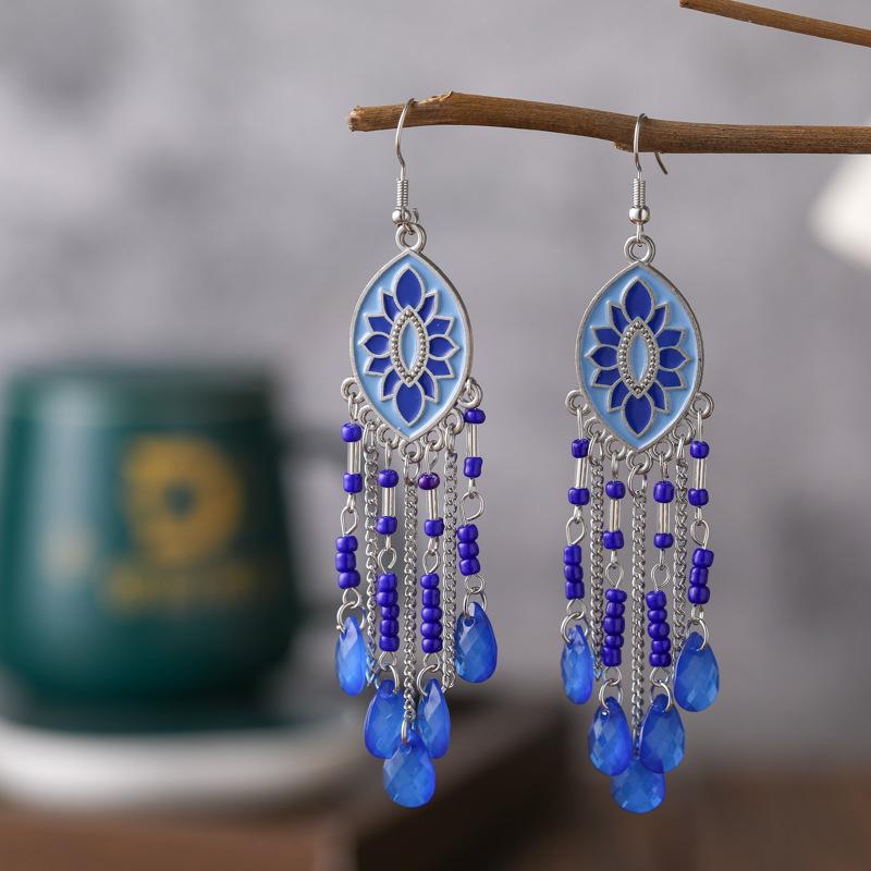 Bohemian Enamel Flower Water Drop Earrings for Women Ethnic Vintage Multicolor Beaded Long Earrings Vacation Daily Jewelry