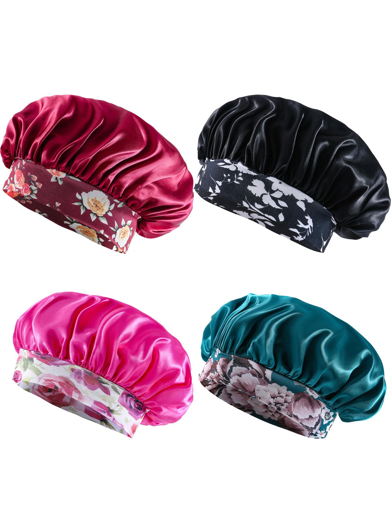 4 Stück Mode-Schlafhaube für Damen, mit Blumenmuster, Haarkappe mit breiter Krempe, elastisch, Seide, glattes Satin, für den täglichen Gebrauch, Zuhause, zum Schlafen