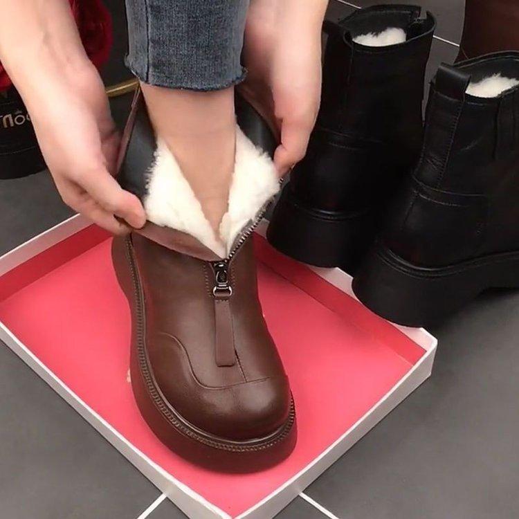 Winter lässige echte weiche Leder Baumwollstiefel dicksohlige Samt Kurzstiefel runde Spitze Gummi weiche Sohle warm Frontreißverschluss