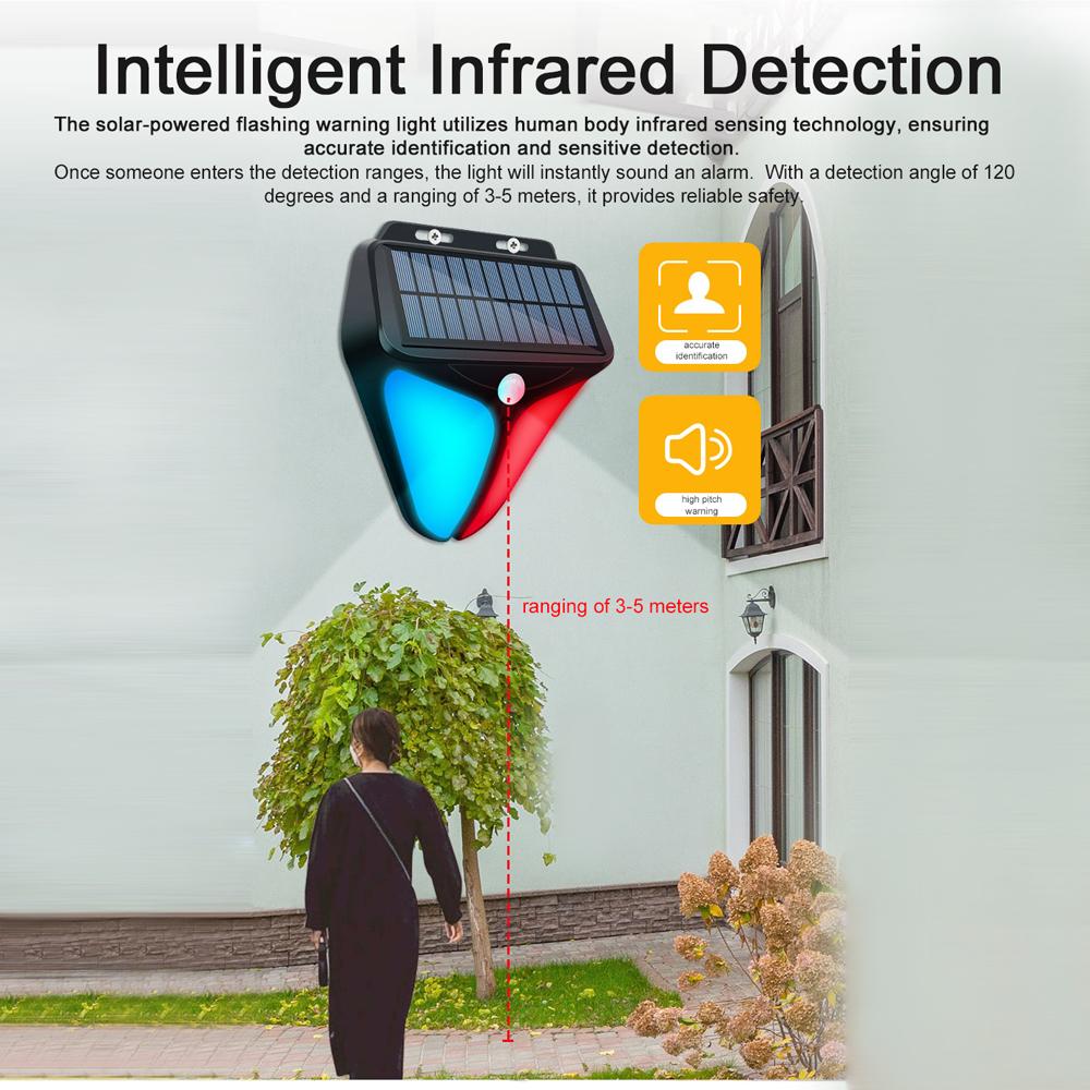 Solar Strobe Warning Lights with 129dB Alarm Wall-Mounted Infrared Motion Sensor Lamp IP65