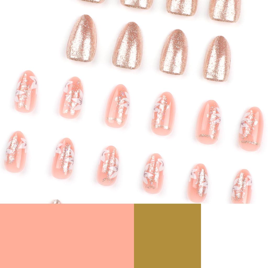 Almond-Shaped Gold Glitter Floral Press-On Nail Art Tips
