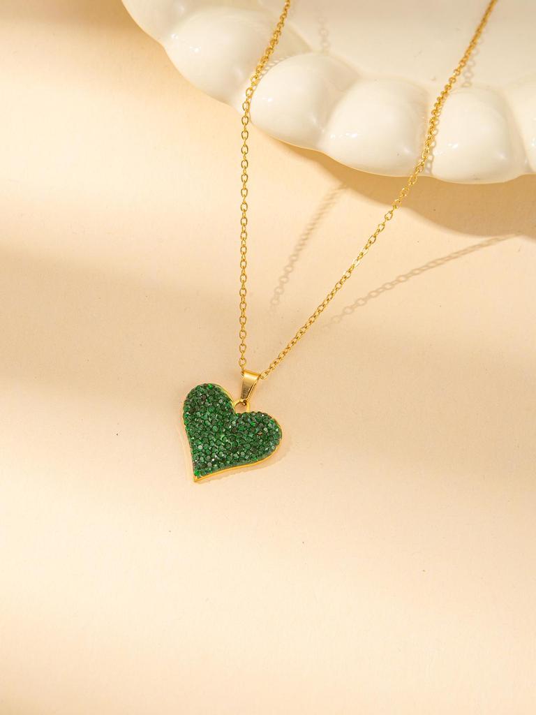 Versatile Green Diamond Heart Chain Necklace - European & American Fashion