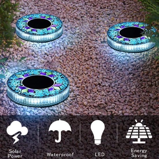 2Pcs Solar Mosaic Disc Lights Waterproof Pathway Lights Outdoor LED Garden Stake Lights Auto On/Off Solar Powered Lamps for Yard Lawn Driveway