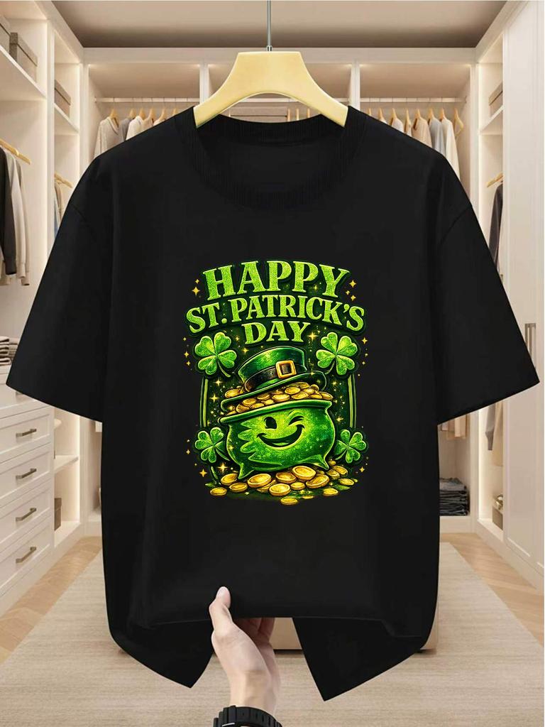 Plus Size Men's T-Shirt 100%Cotton Happy St. Patrick's Day Leprechaun Pot of Golden and Clover Print Comfortable Casual Short-sleeved T-shirt in Summe
