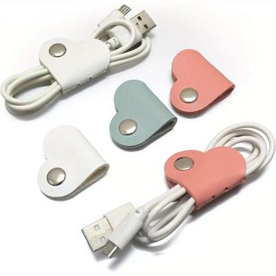 Multifunctional PU Leather Phone Data Cable Organizer Data Storage Heart-shaped Cable Clip Hub Wired Headphone Winding Clip