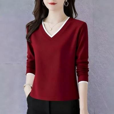T-shirt a maniche lunghe in puro cotone da donna con scollo a V, maglietta intima autunnale, nuovo stile, ampia e casual