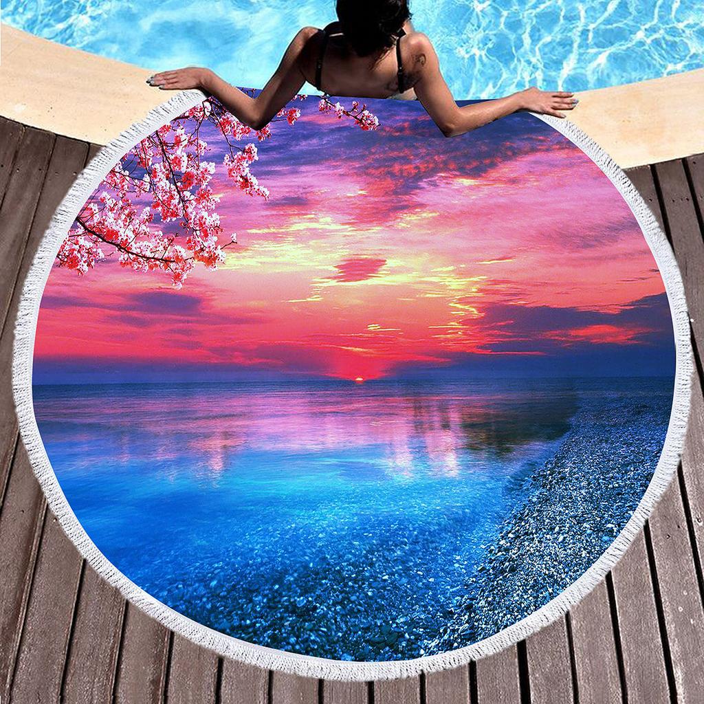 Sunset Landscape Round Beach Towel, Microfiber Beach Seawater Beach Blanket Lightweight Absorbent Circle Swim Towel with Tassels