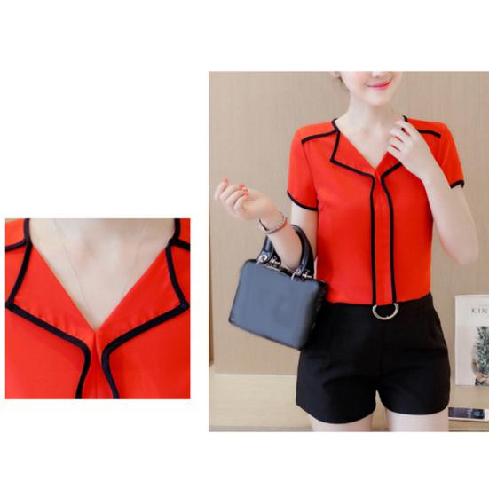 Damen-Bluse mit V-Ausschnitt und kurzen Ärmeln, Farbblock-Rand, Chiffon-T-Shirt-Oberteil