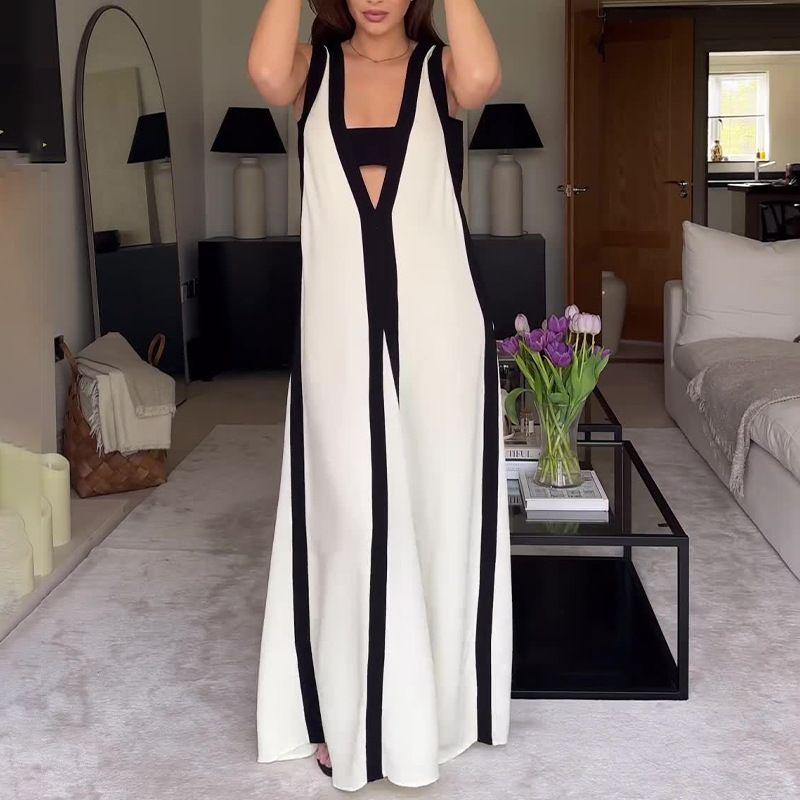 

2024сексуальное платье с V-образным вырезом, широкими бретелями и контрастной отделкой в стиле кэжуал White S