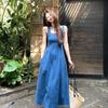 Blue Mist Love French Denim Dress Women's Summer Niche Design Sense Waist Temperament Suspender Long Dress