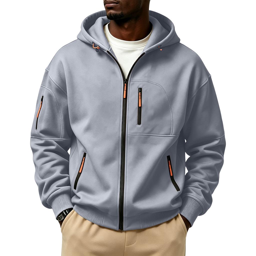 Men's Winter Color Hooded Zip-Up Sweatshirt with - Pockets for Daily Wear