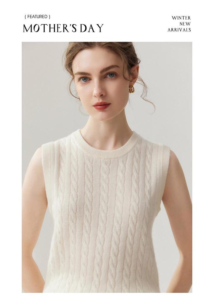 Lekasha Women's 100% Pure Cashmere Sleeveless Cable Knit Sweater for Autumn & Winter