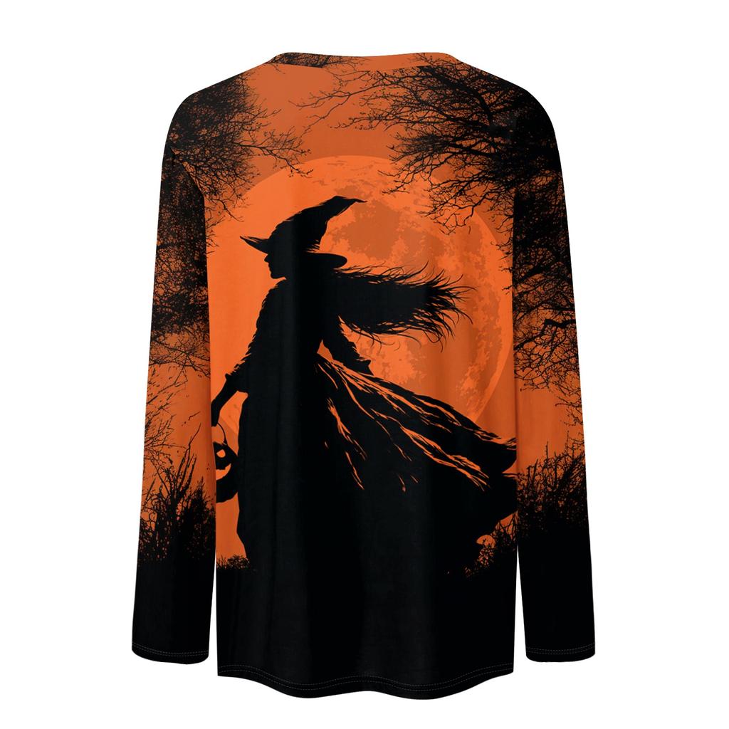 Women's Long Sleeve Round Neck Pullover Top with Halloween Print for Casual Wear