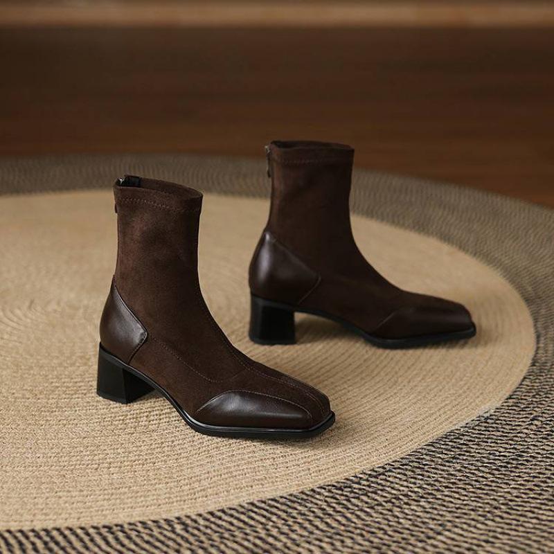 Korean Version of the New Suede Elastic Women's Boots Square Head Large Size Martin Boots Solid Color High Heel Leather Boots Autumn and Winter Mid
