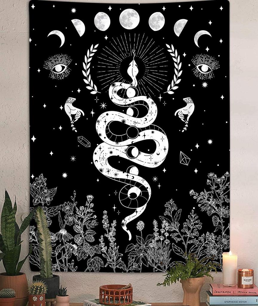 Trippy Witchy Vertical Tapestry, Black and White Moth Floral Moon Tarot Tapestry Wall Hanging for Bedroom, Dark Aesthetic Nature