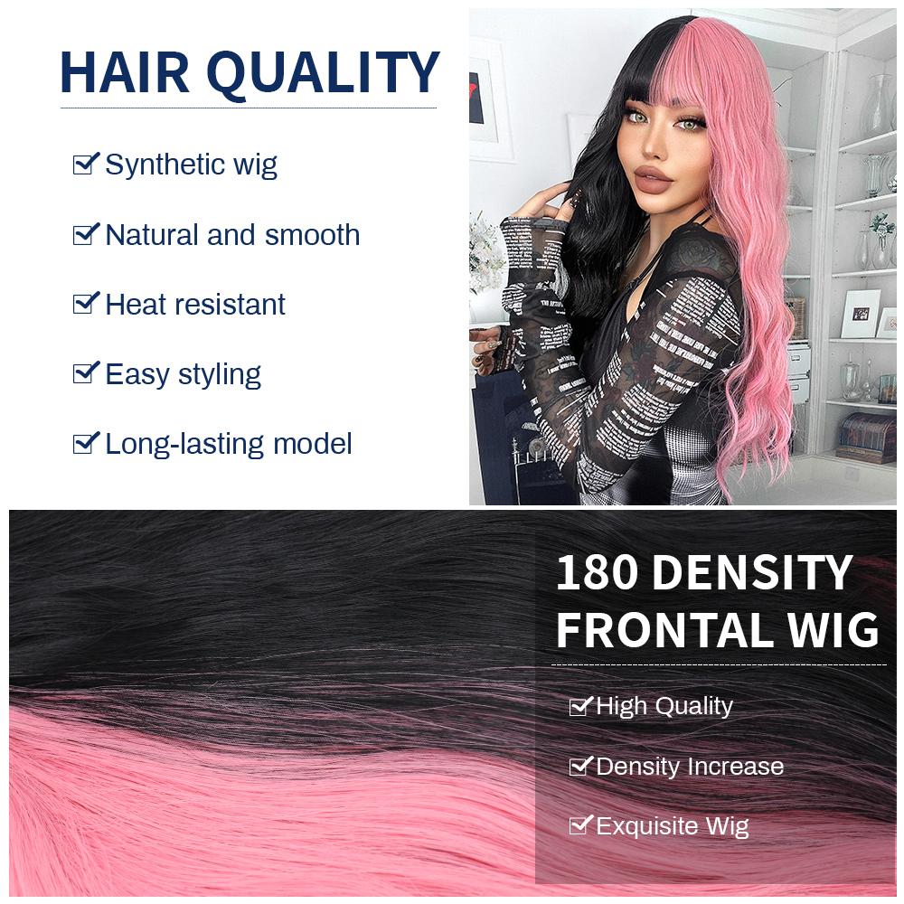 Long Wavy Black And Pink Synthetic Wig for Women With Bangs Natural Heat Resistant Part Cosplay Party Lolita Daily  Hair Wigs