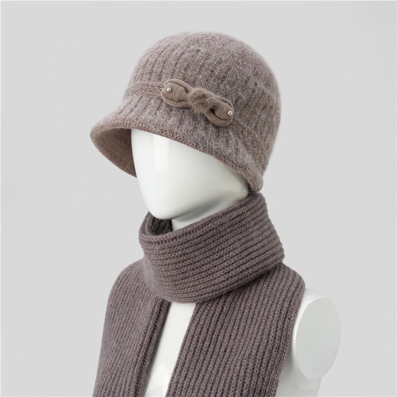 Warm Knitted Beanie Hat Women Seniors Winter Soft Rabbit Hair Cap With Wide Brim Adjustable Fit