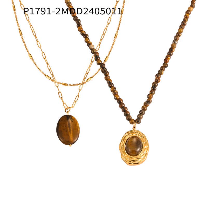 Maillard Titanium Steel Tiger Eye Oval Pendant Necklace - Retro Beaded Chain, Versatile & Stylish for Women