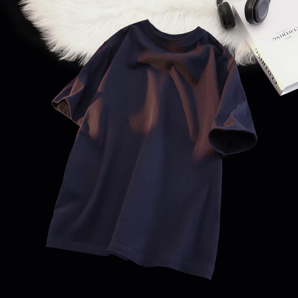 Unisex Japanese Retro Solid Color Round Neck T-Shirt, 300g Heavy Pure Cotton, Casual Short-Sleeve Design.