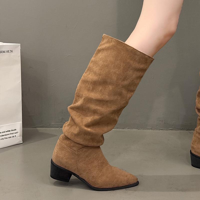 Fashion Vintage Thick Heel Pointed Toe Woman Knee High Boot Autumn Winter Women's Shoes Ladies Concise Pleated Long Booties
