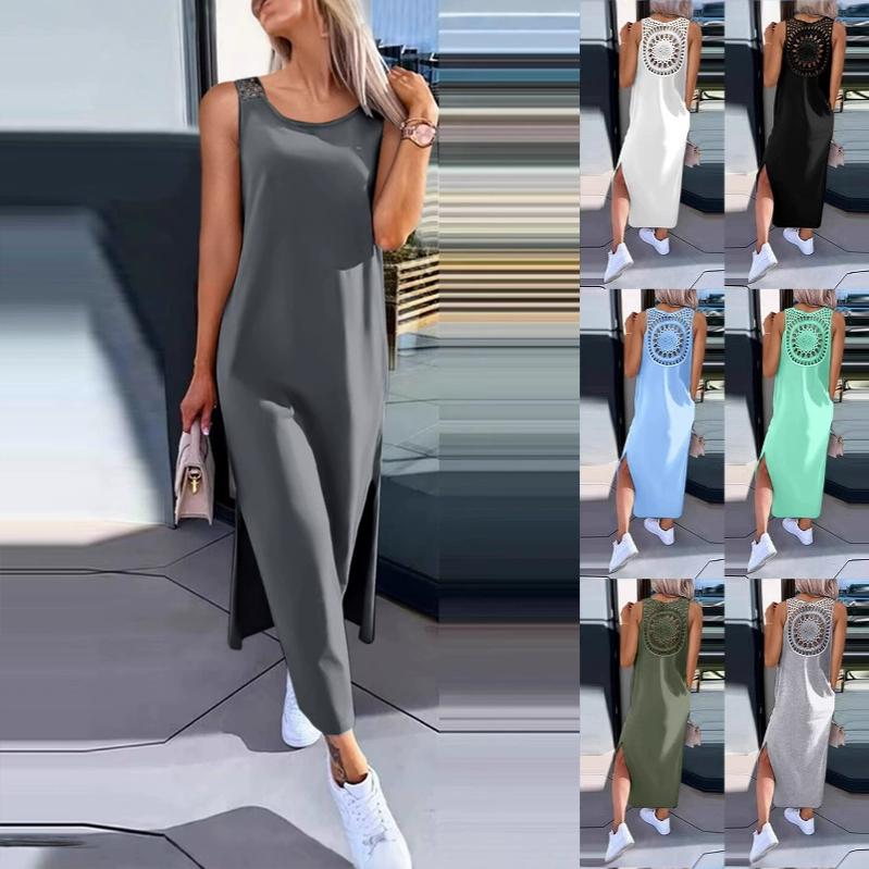 Women's Summer Maxi Dress O-Neck Sleeveless Long Hollow Backless Dress