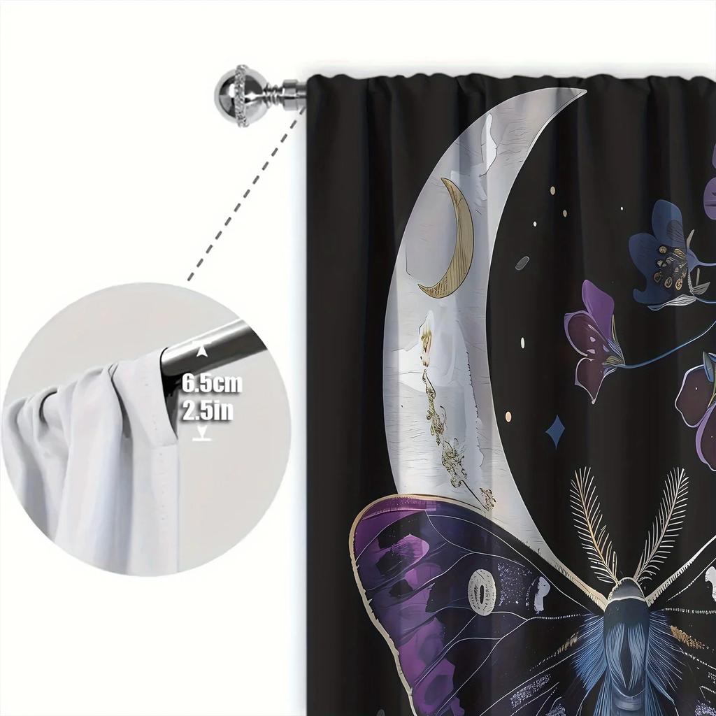 2pcs Moon Moth Printed Curtain for Home Decor - Rod Pocket Window Treatment for Bedroom, Office, Kitchen, Living Room, and Study