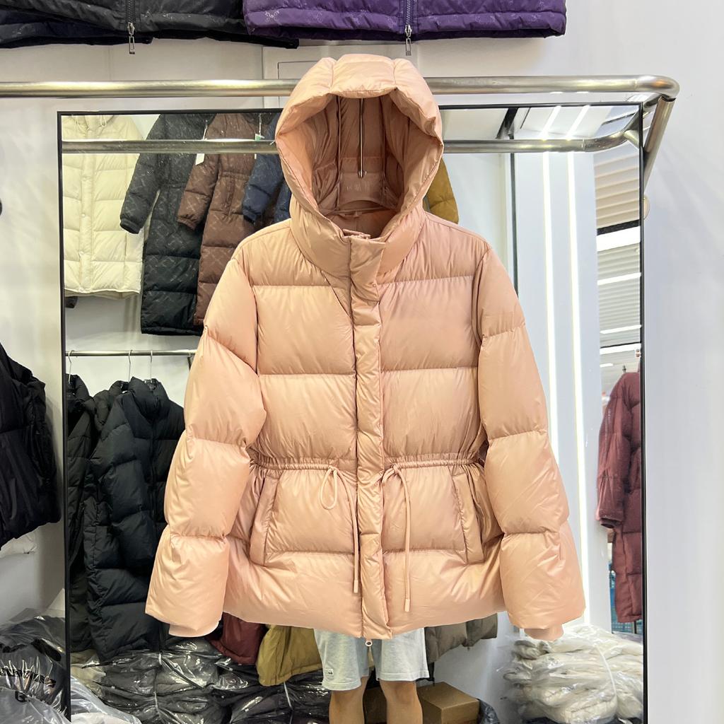 New down jacket women's medium and long thickened waist drawstring thin puff hooded bread jacket