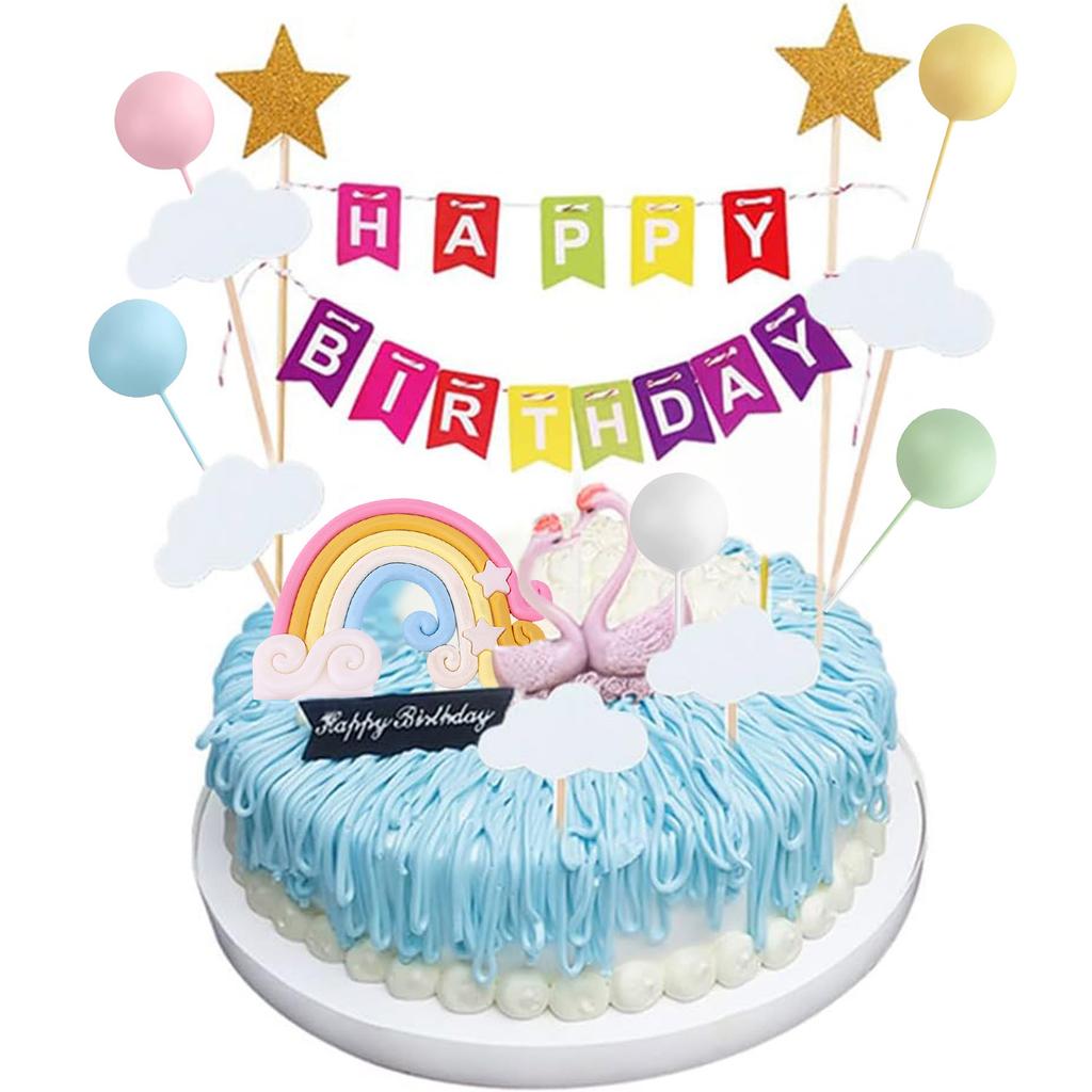 Rainbow Cake Topper Happy Birthday Cake Flag Banner Clouds Balloon Ball Rainbow Cake Decoration for Girls Baby Shower Party